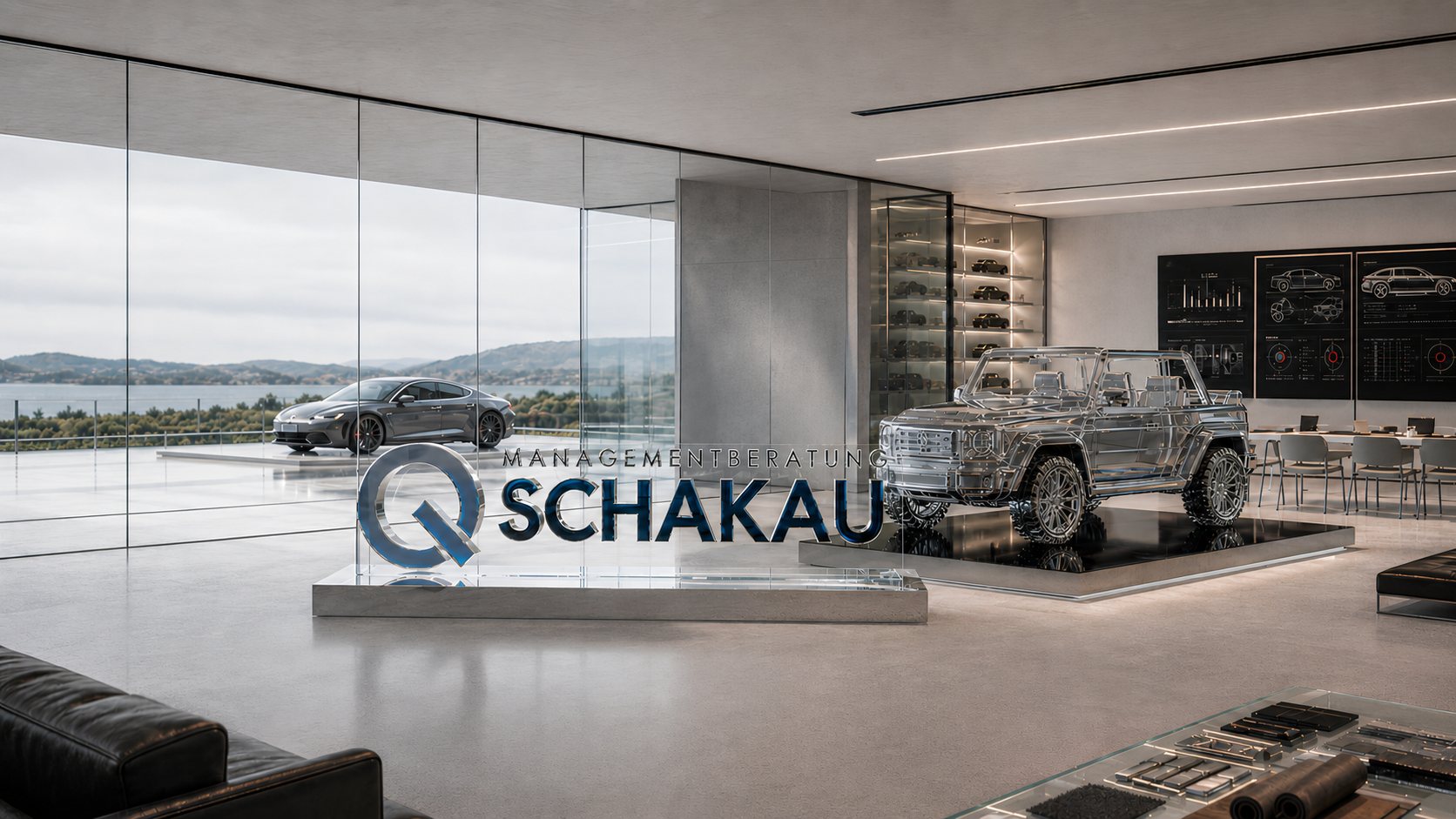 SCHAKAU Showroom mit Q-Schriftzug und Fahrzeugskulptur